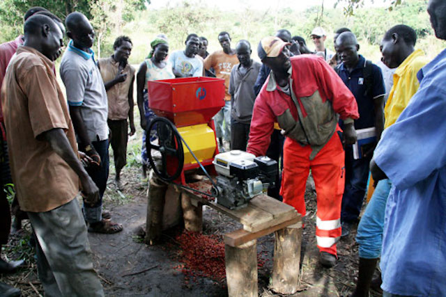 Farmers in South Sudan install coffee pulping equipment