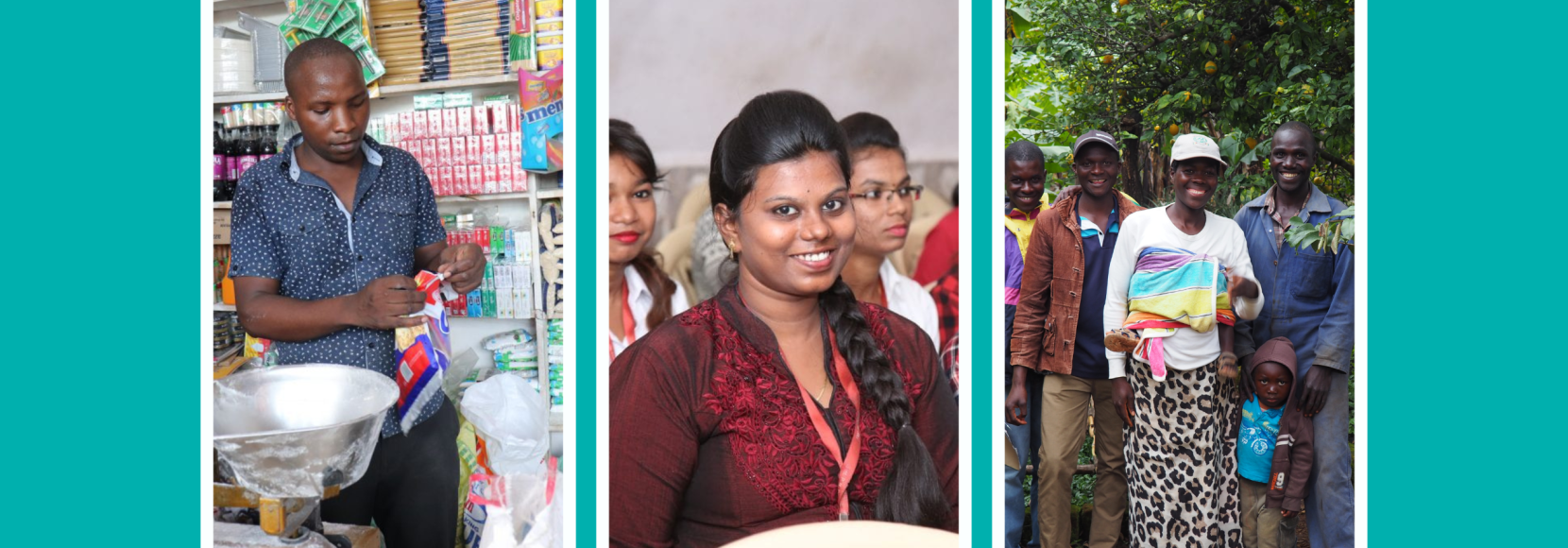 Three images on a teal background for TechnoServe's Photo of the Month series.