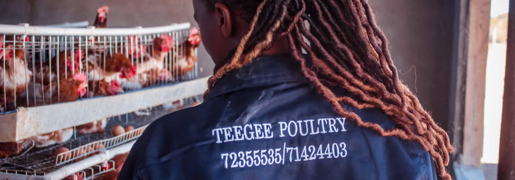 Golebilemang Kgosintwa inspects her poultry house in Botswana. Part of a blog post on women-led businesses in Africa.