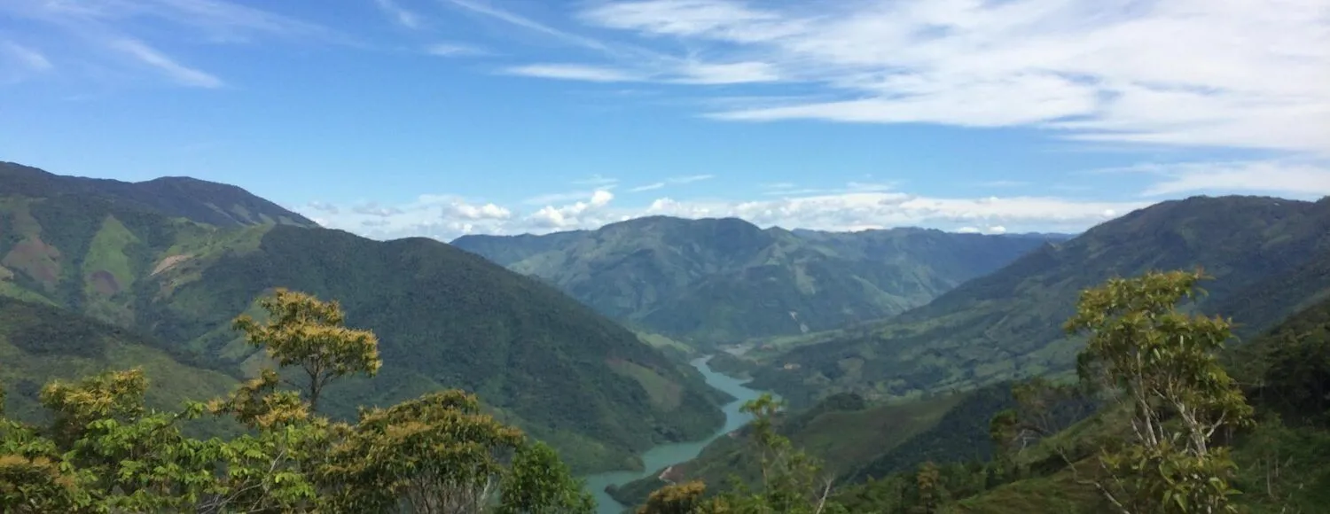Farmers walk across a landscape in Colombia
