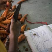 Woman cuts produce and logs in a book