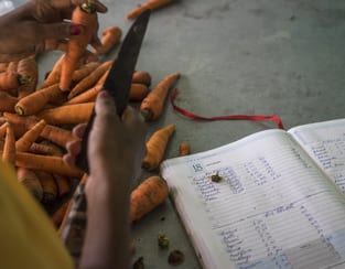 Woman cuts produce and logs in a book