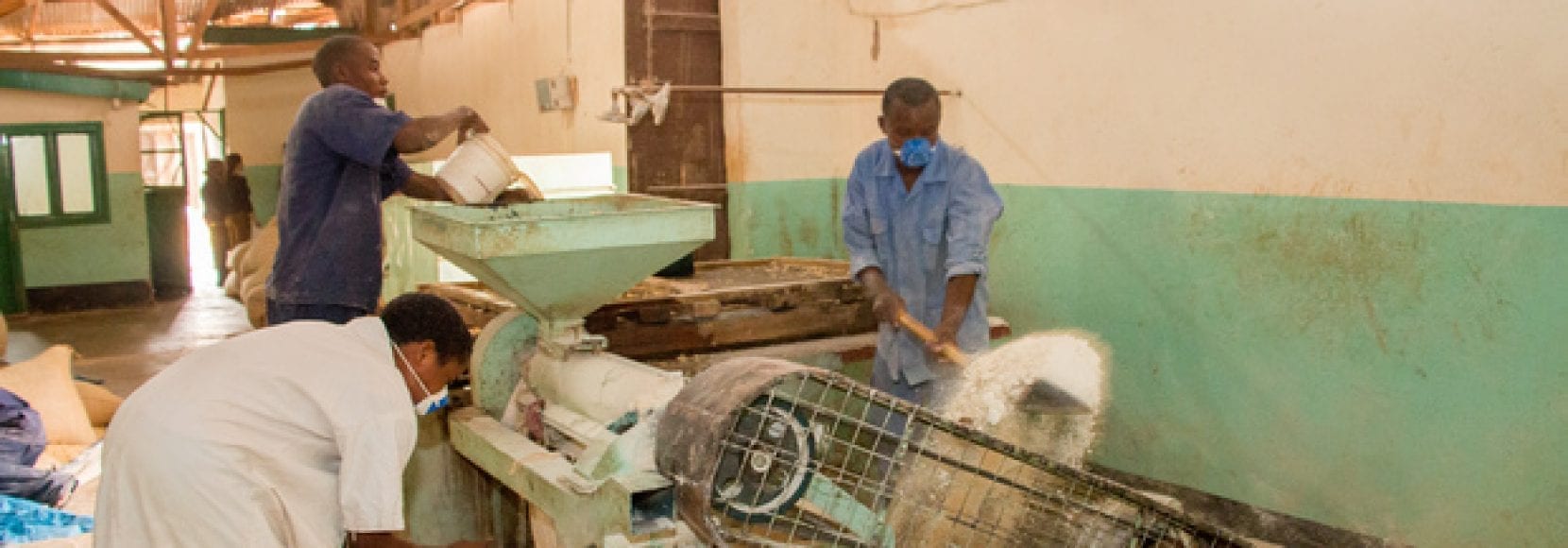 Group of people working with flour