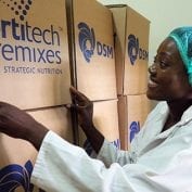 Woman smiling working on stacking food boxed up