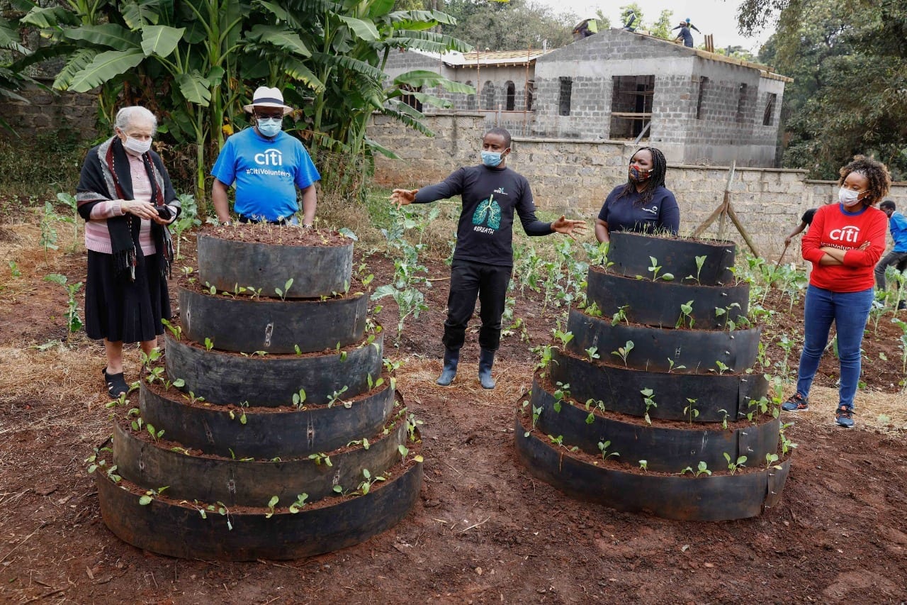 Volunteers water plants in a vertical kitchen garden