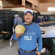 Eloy Castañón holds a melon in a processing facility in Mexico