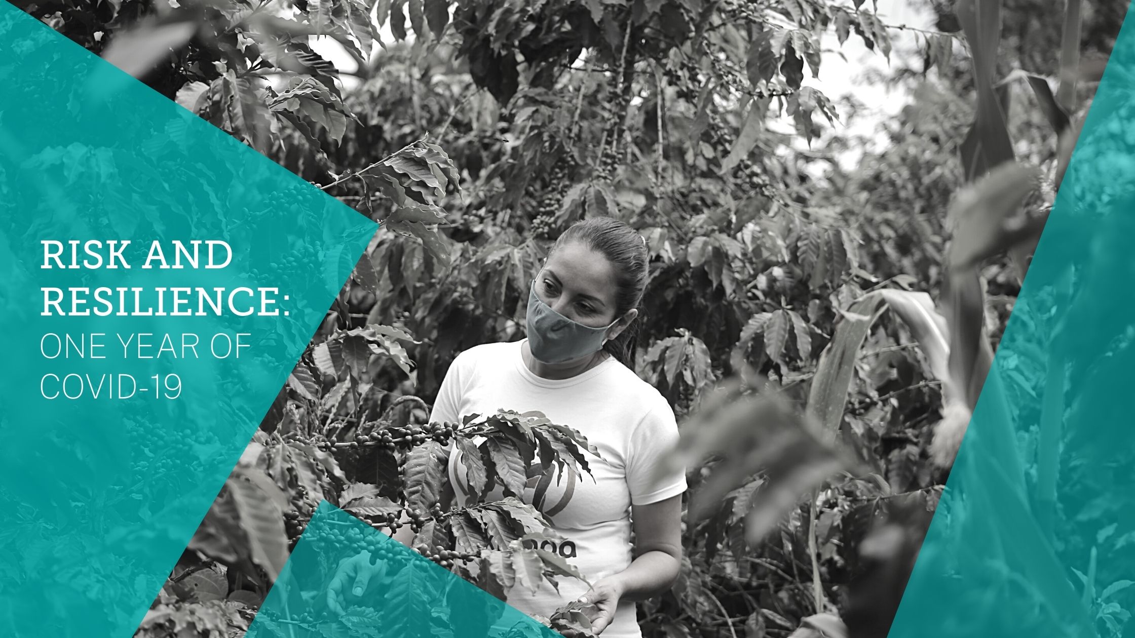 Black and white image of Juliana Solis Baron, an entrepreneur in Peru. Text reads: Risk and Resilience: One Year of COVID-19