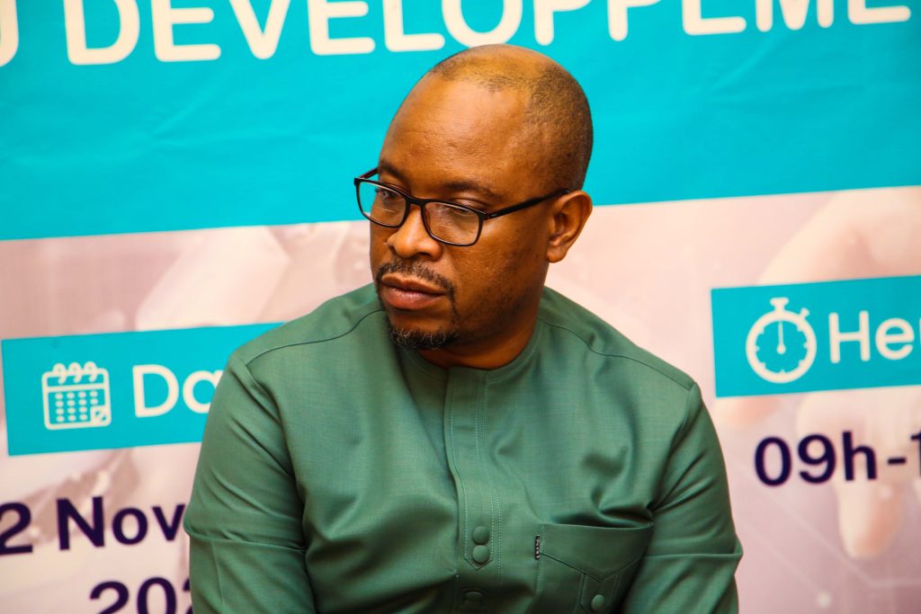 Cyriaque Edon, Director General of Development Programming, Ministry of Development and Coordination of Government Action speaks at TechnoServe's Tech4Dev event, which highlights recent technological advancements.