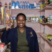 Sarah Kavuli, a micro-retailer, at her store Kikwetu Minimart