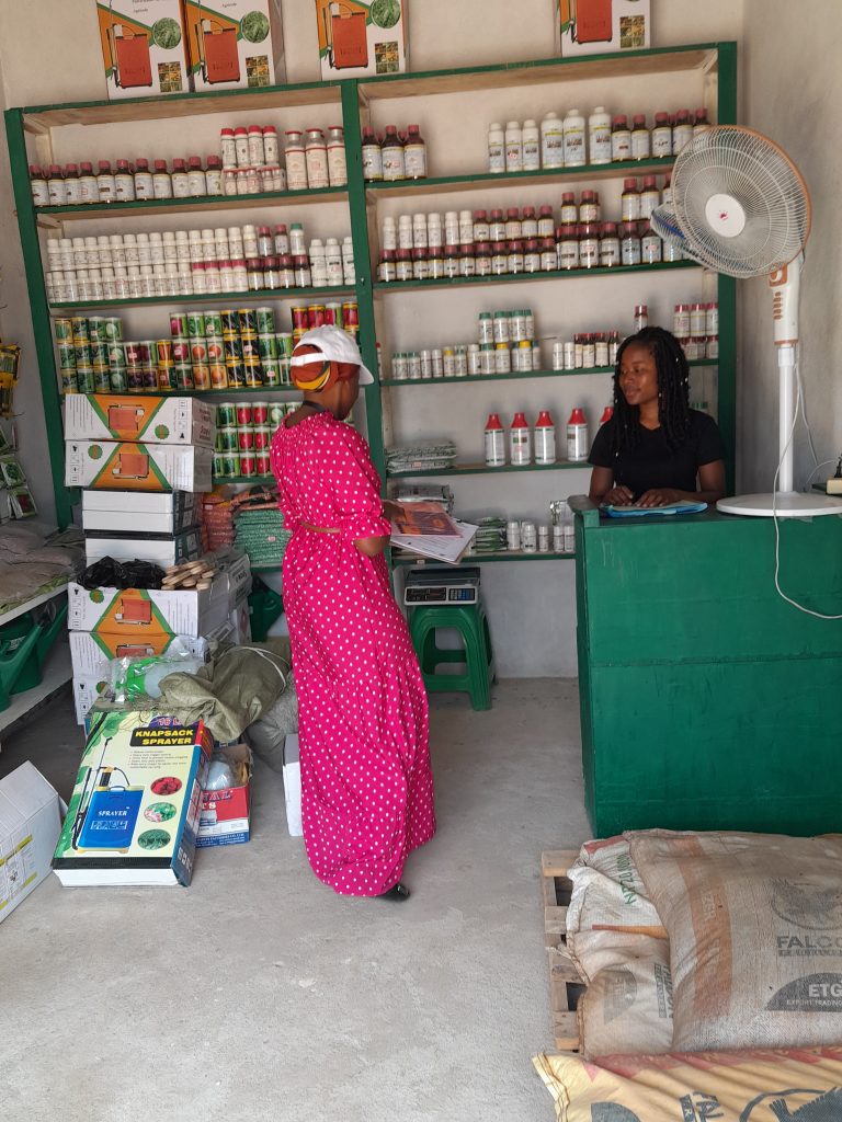 Érica speaking with a store owner