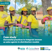 5 smiling women in yellow t-shirts from Mozambique. Cover from Case study about integrating women as sales agents in distribution models.