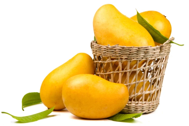 A wicker basket filled with ripe yellow mangoes, with a few mangoes and green leaves scattered around it.