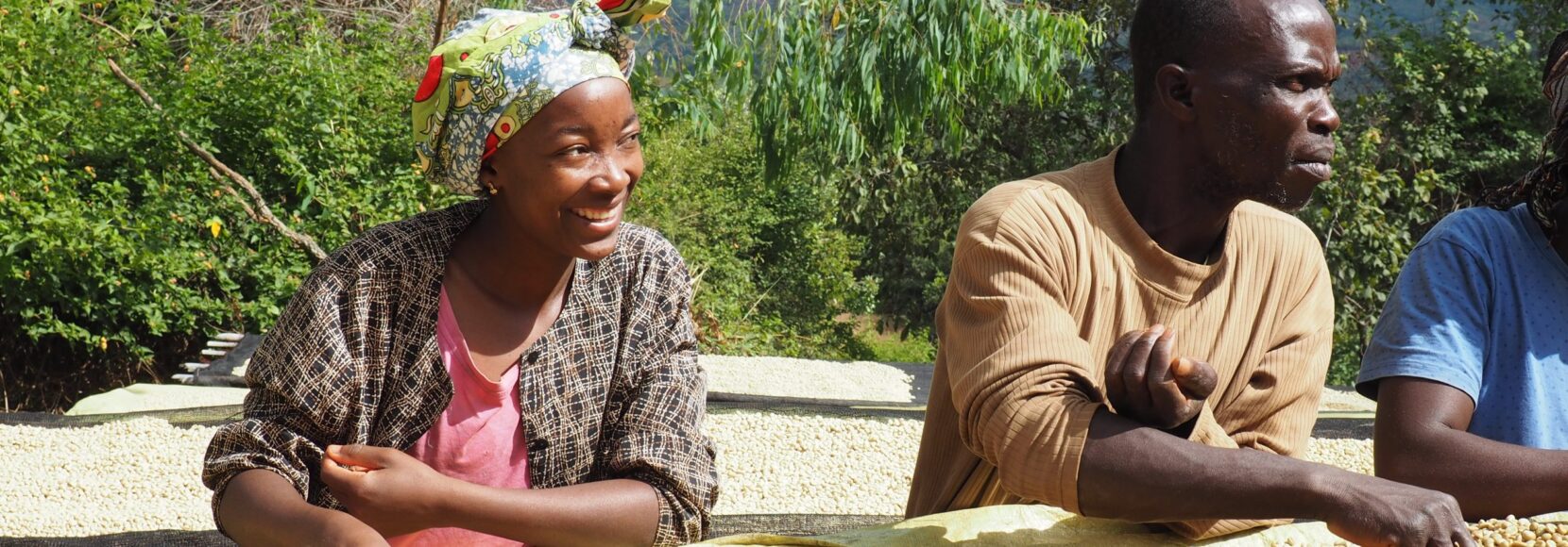 Two coffee farmers in Zimbabwe dry their coffee cherries. Part of TechnoServe's world news quiz.