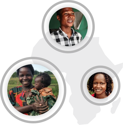 Three circular portraits of smiling individuals are placed over a light gray outline of the African continent. One portrait shows a man in a checkered shirt, another features a woman holding a baby, and the third depicts a woman with curly hair.