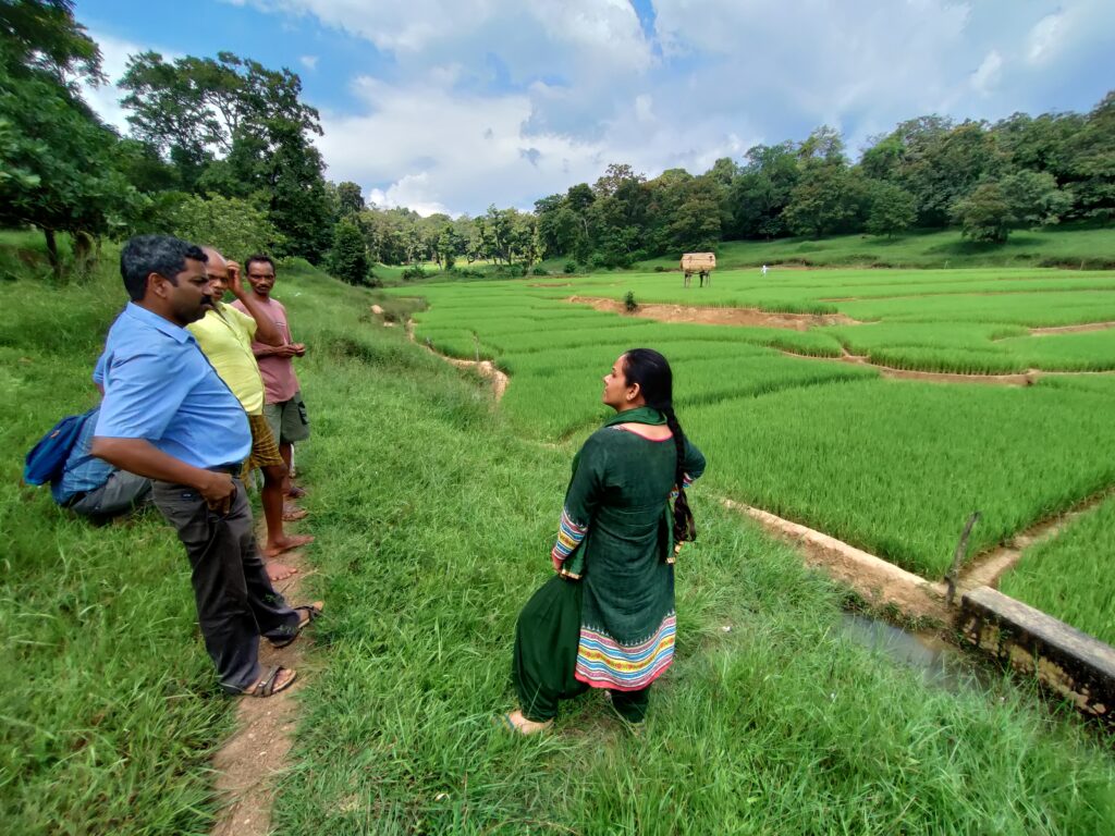 A woman stands in a field in India talking to three men. Part of a blog post on women entrepreneurs in India.