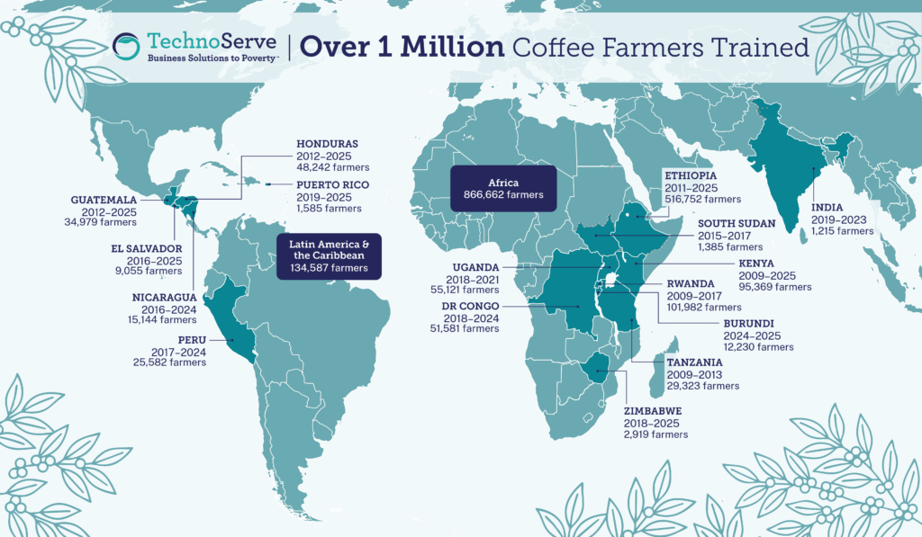 A map showing where TechnoServe has trained one million coffee farmers