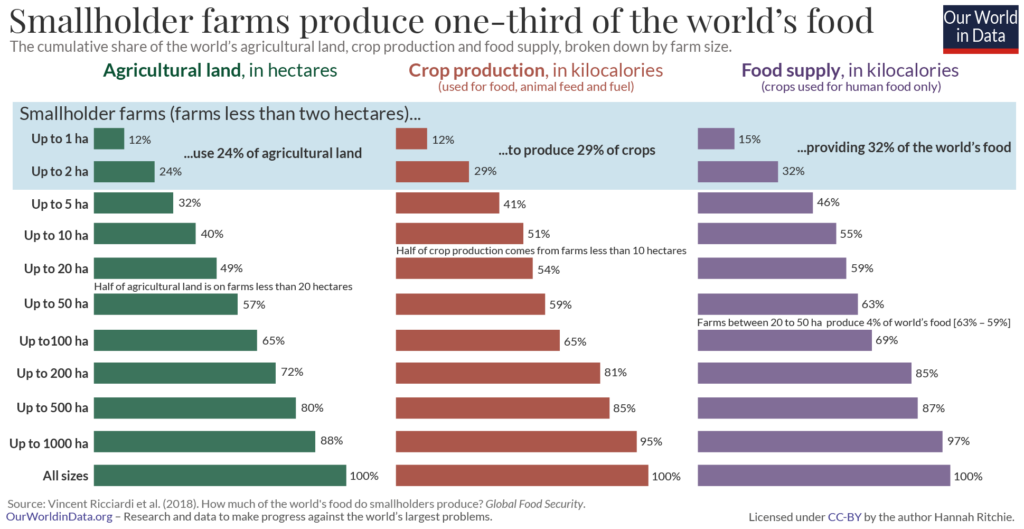 Chart from our World in Data showing that smallholder farms produce one-third of the world's food.