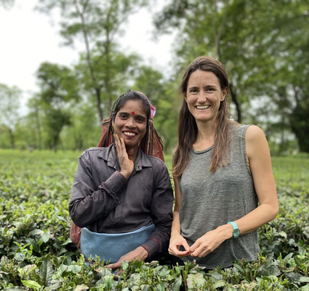 Myriam Sainz (right) with a tea farmer in India.