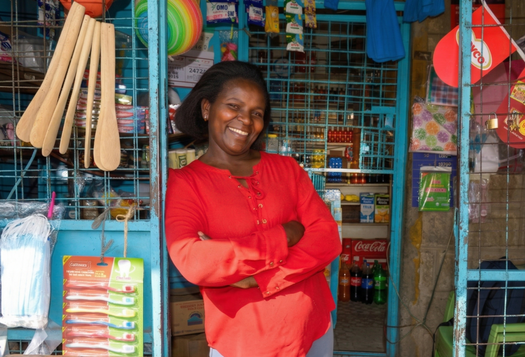 Jennifer stands outside her shop in Nairobi, Kenya, in 2026. (National Duka Organization / Joseph Kariuki)