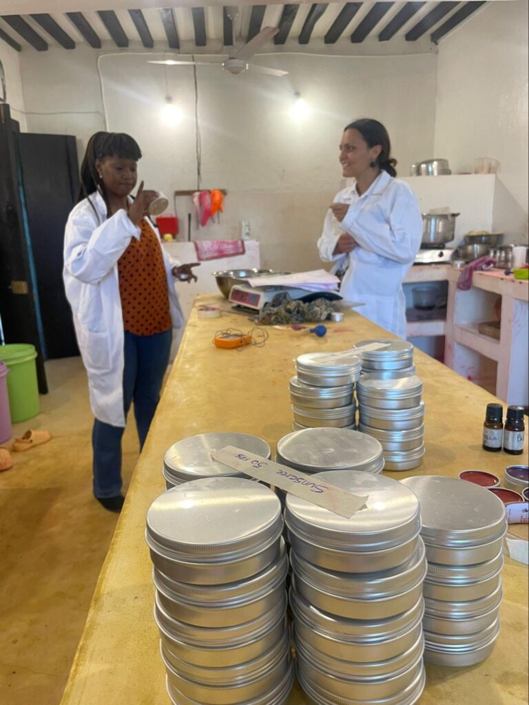 Bea Wintschnig (right) and Lucy Mbaye (left) at Lamu Naturals Factory in Lamu, where they explored partnership opportunities to source coconut oil from local partner Action Life.